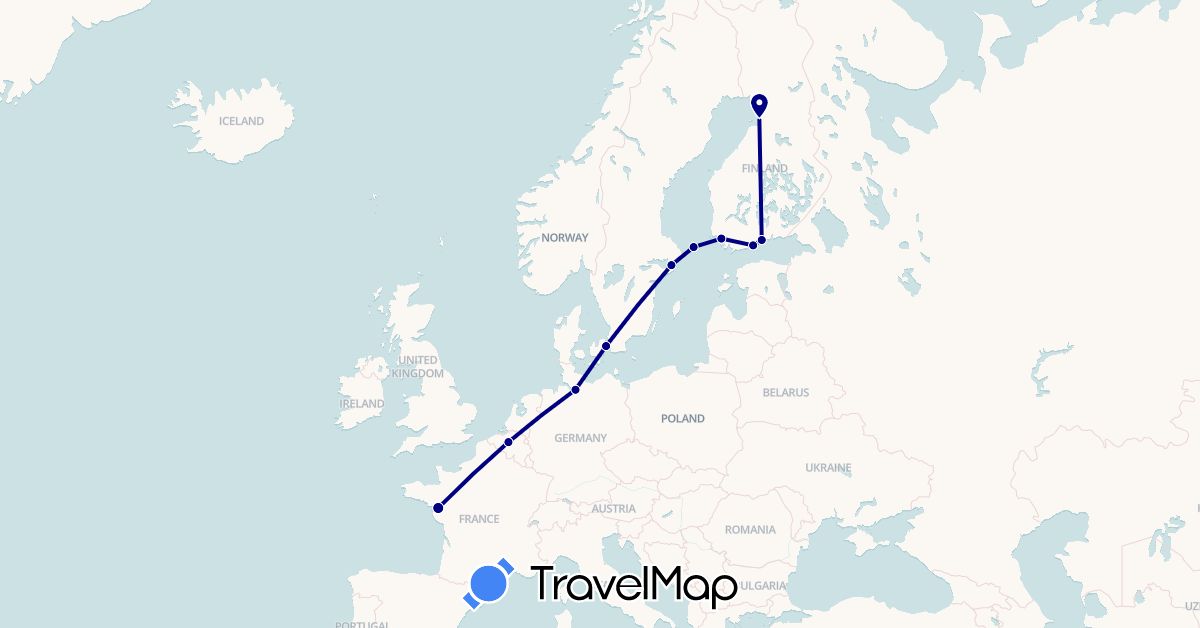 TravelMap itinerary: driving in Åland Islands, Belgium, Germany, Denmark, Finland, France, Sweden (Europe)